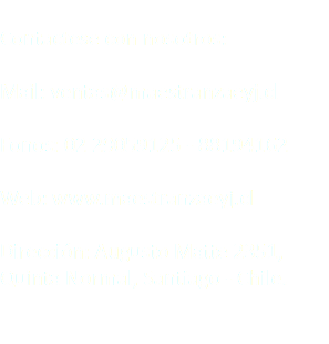 
Contactese con nosotros: Mail: ventas@maestranzaeyj.cl Fonos: 02 29059125 - 88194162 Web: www.maestranzaeyj.cl Dirección: Augusto Matte 2351, Quinta Normal, Santiago - Chile.