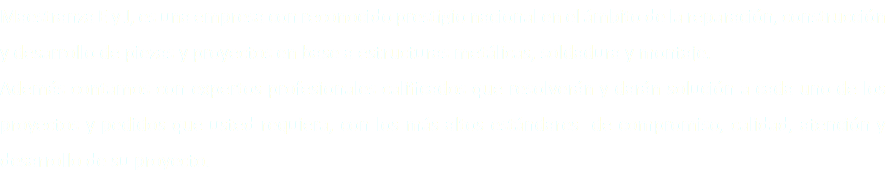 Maestranza E y J, es una empresa con reconocido prestigio nacional en el ámbito de la reparación, construcción y desarrollo de piezas y proyectos en base a estructuras metálicas, soldadura y montaje.
Además contamos con expertos profesionales calificados que resolverán y darán solución a cada uno de los proyectos y pedidos que usted requiera, con los más altos estándares de compromiso, calidad, atención y desarrollo de su proyecto.